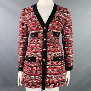 LUISA SPAGNOLI Size 10 Black Red White Wool Blend Boucle Single Breasted Coat